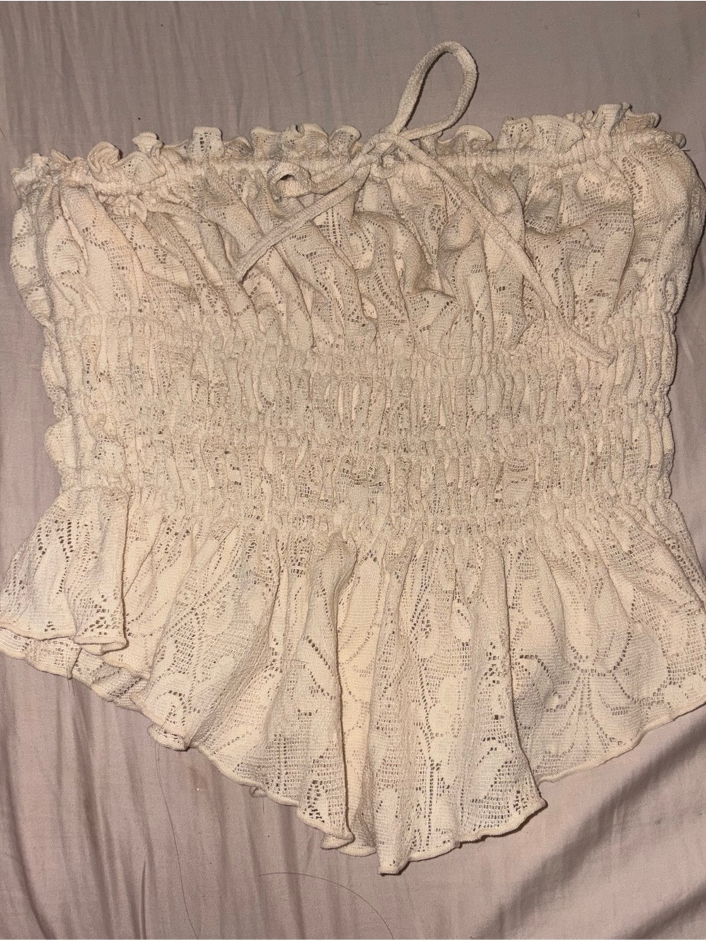 Urban Outfitters Cream Smocked Lace Strapless Top